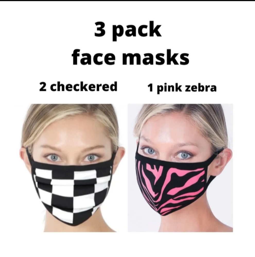 ⭐New 3 pack cloth masks in zebra pink and checkered